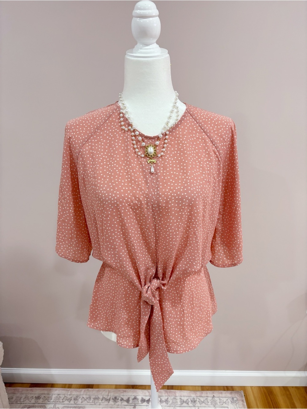 Express Dusty Rose Polka Dot Tie-Front Blouse